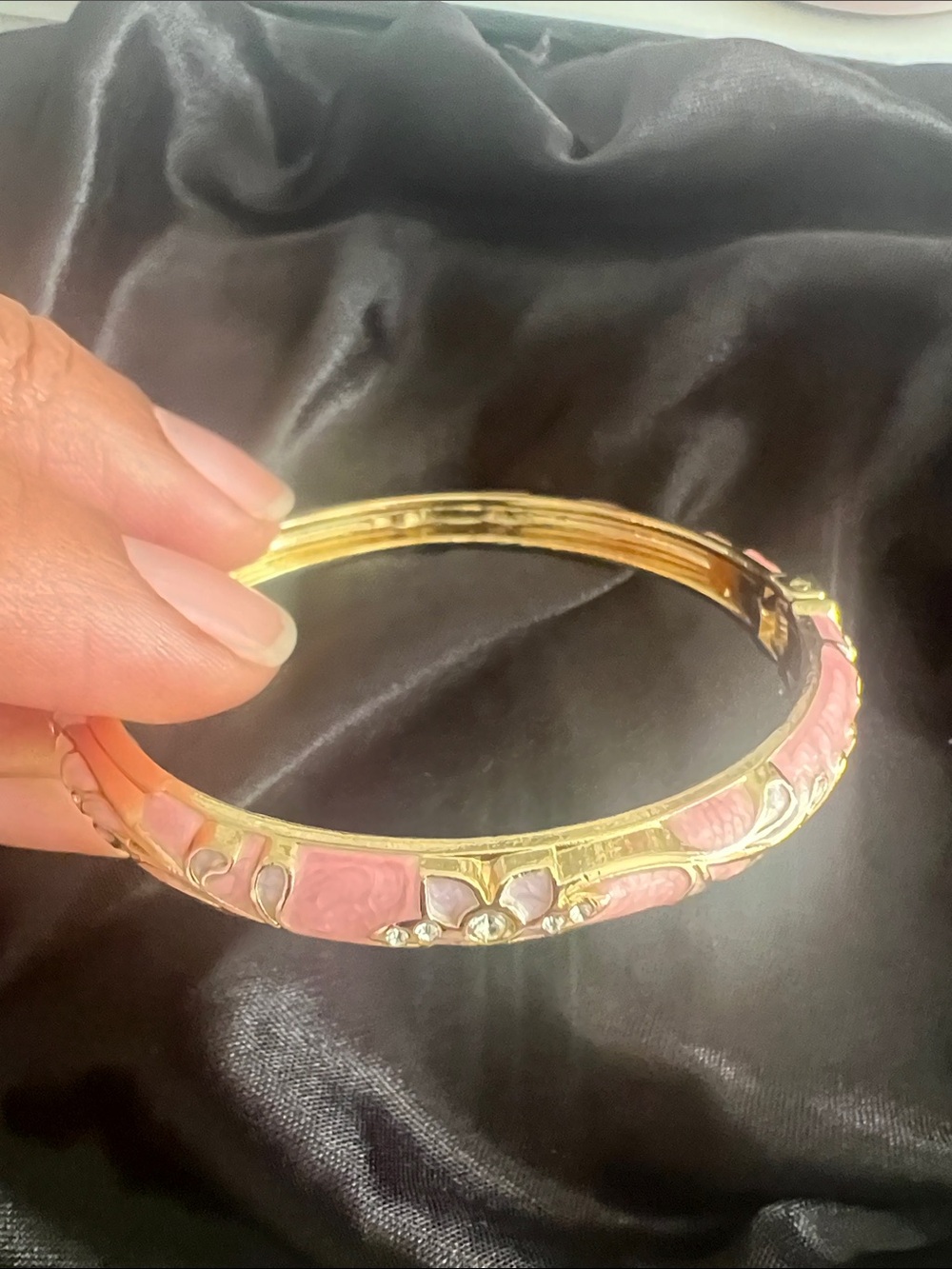 Gold-Tone Pink Enamel Flower Bangle Bracelet - Women Jewelry